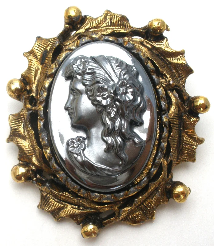 Ladies anchor gleam brooches -Vintage Hematite Left Facing Cameo Brooch Pin