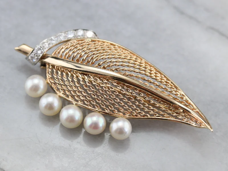 Ladies glass glow brooches -Mid Century Diamond and Pearl Leaf Brooch