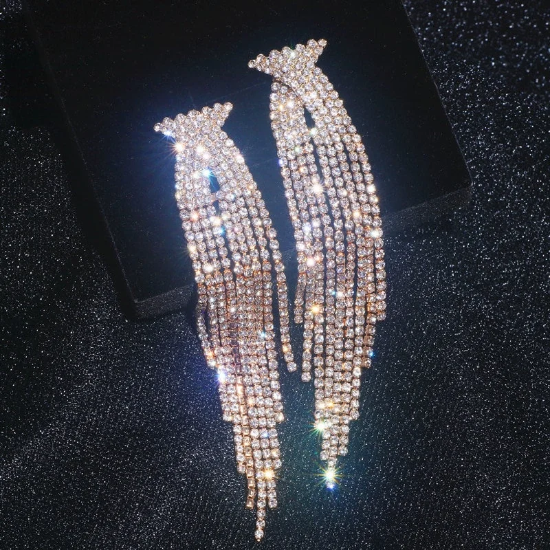 Ladies Earrings for Chef Spark-GOLD Rhinestone Earrings Long Tassel JS-016