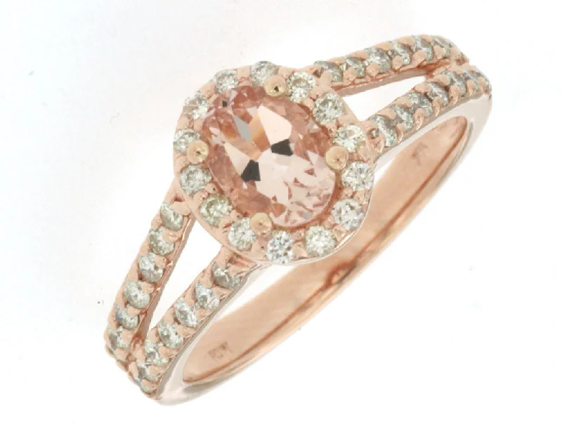 Ladies Rings for Holiday Shine-14k Rose Gold Oval Morganite and Diamond Halo Ring PR3880M-MG