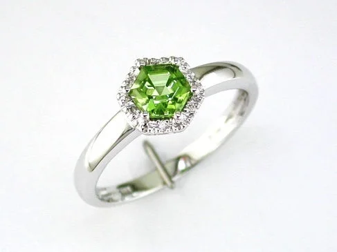 Ladies Rings with Crescent Shine-14K White Gold Hexagon Peridot and Diamond Halo RIng