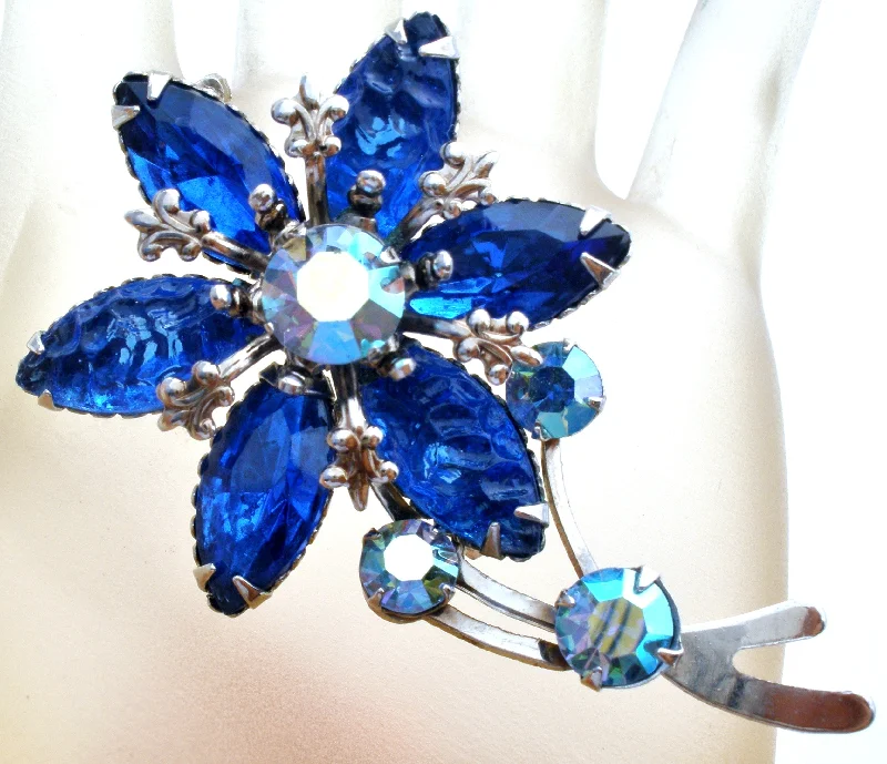 Ladies 22K gold shine brooches -Blue Rhinestone Flower Brooch Pin Vintage