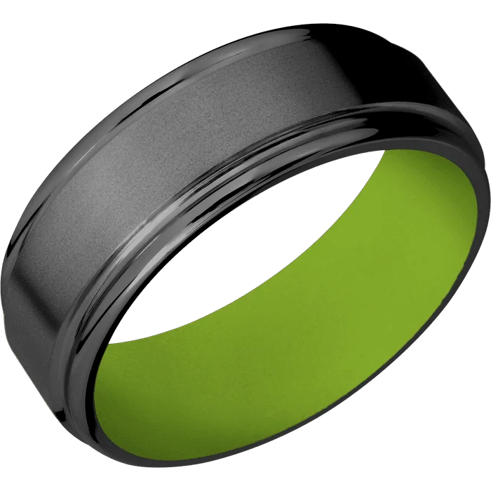 Ladies Rings for Winter Glow-8mm wide Flat Rounded Edges Black Titanium Ring with Bead Blast Finish / Zombie Green Cerakote Sleeve