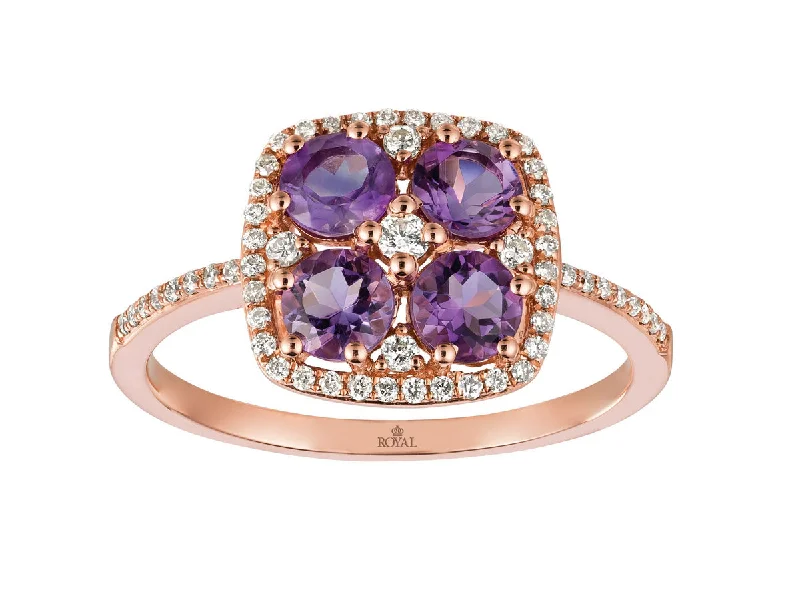 Ladies Rings with Blush Rhodochrosite-14k Rose Gold Round Cut Amethyst and Diamond Halo Ring PC6802A-AM