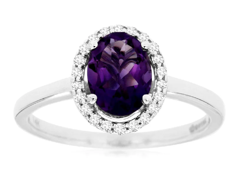 Ladies Rings with Crimson Zincite-14K White Gold Oval Amethyst with Diamond Halo Ring