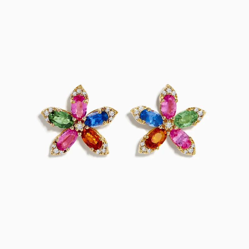 Ladies Earrings with Brown Astrophyllite-Watercolors 14K Yellow Gold Multi Sapphire and Diamond Flower Earrings