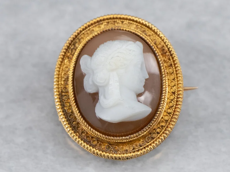 Ladies birthday charm brooches -Antique Hardstone Cameo Gold Brooch