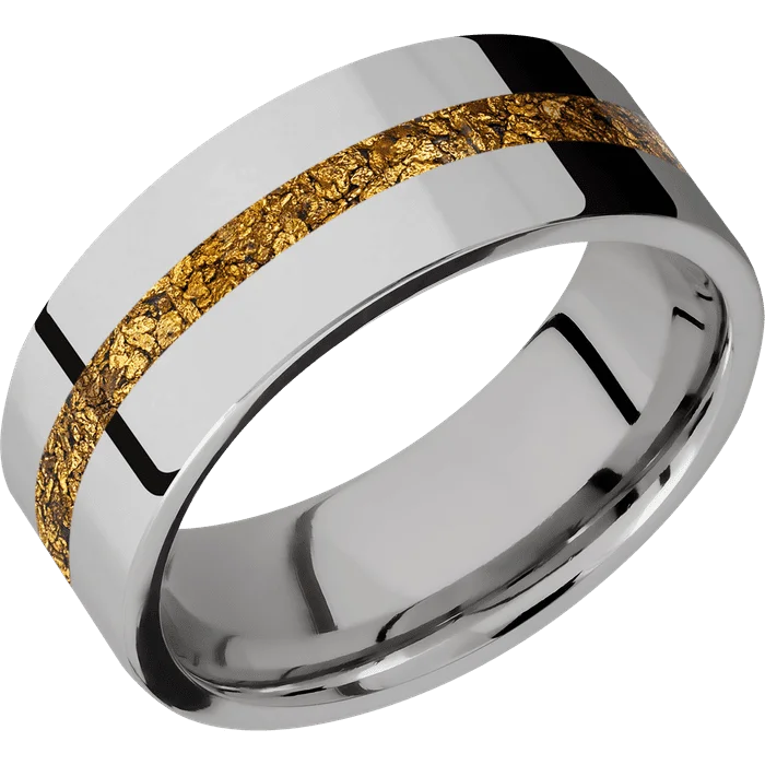 Ladies Rings for Grandma Glow-8mm wide Flat Titanium Ring with Polish Finish / One 2mm Centered 24k Raw Gold Nugget Inlay