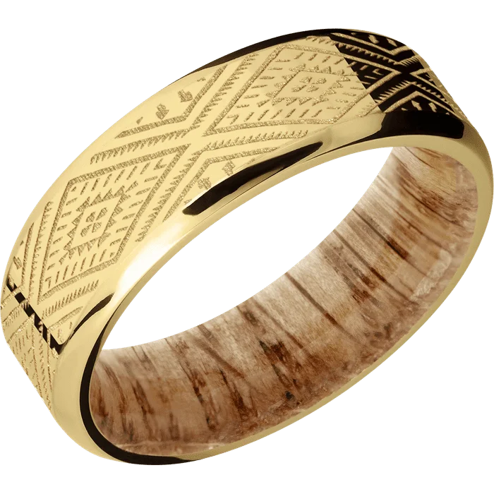 Ladies Rings with Green Uvarovite-7mm wide Beveled 10k Yellow Gold Ring with Polish Finish / Aztec 1 Design / Natural Oak Sleeve