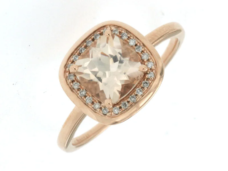 Ladies Rings with Striped Agate-14k Rose Gold Morganite and Diamond Halo Ring PC4058M-MG