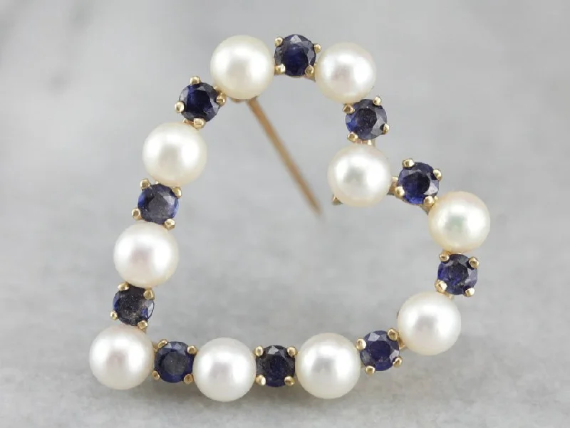 Ladies angular geometric brooches -Pearl Sapphire Gold Heart Brooch