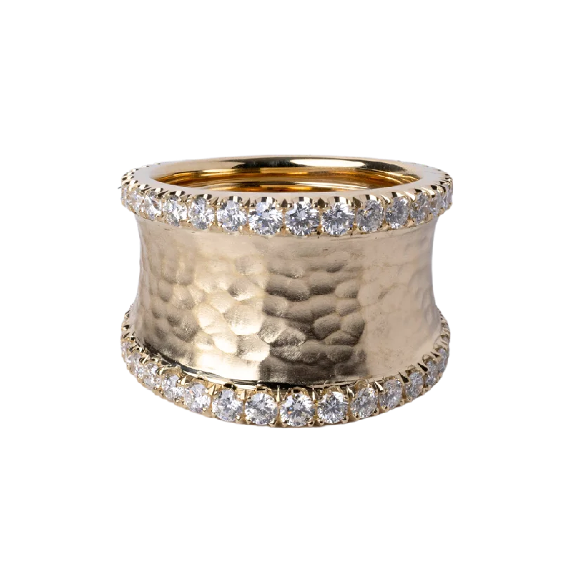 Ladies Rings with Coral Kornerupine-14k Yellow Gold Concave Hammered and Diamond Ring - 1.40cttw