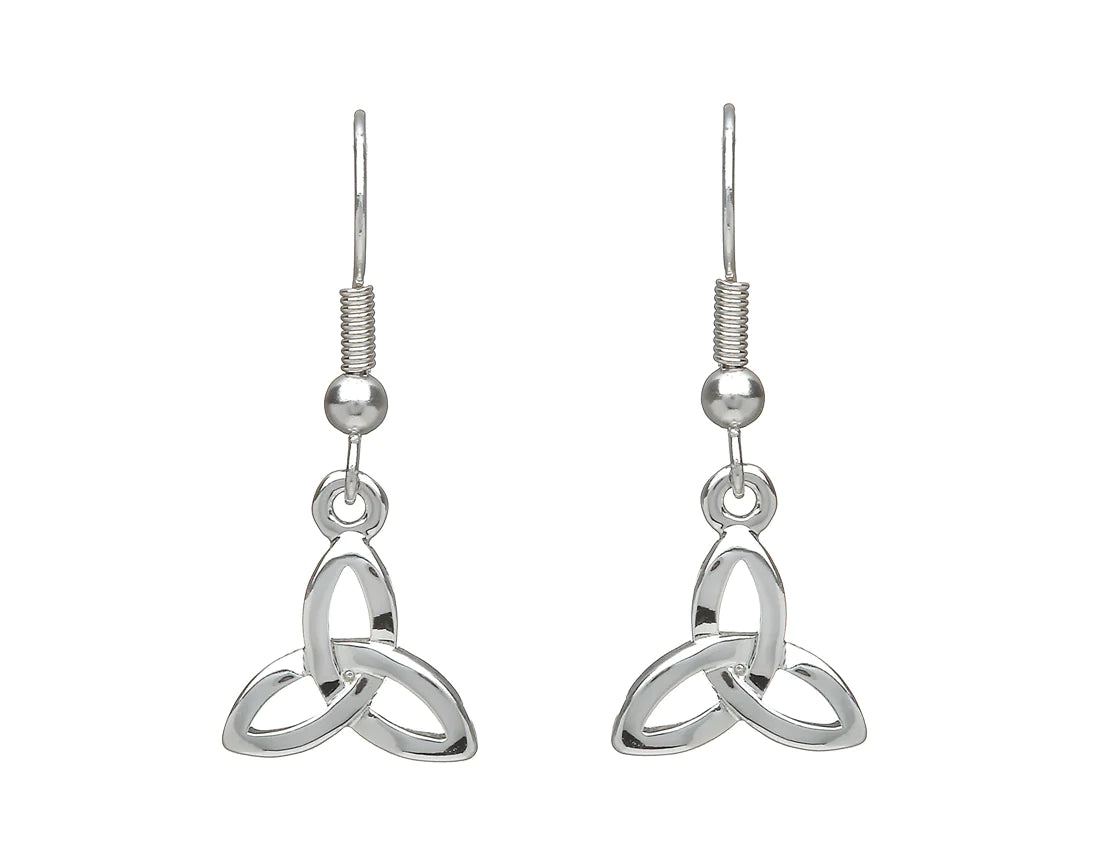 Ladies Earrings for Beach Shine-Celtic Trinity Knot Drop Silver Plated Earrings by Woods Celtic Jewllery