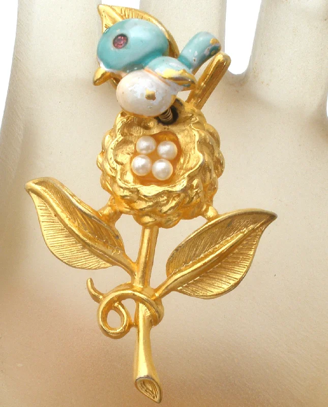 Ladies fable charm brooches -Trembler Bird & Nest Brooch Gold Crown Vintage