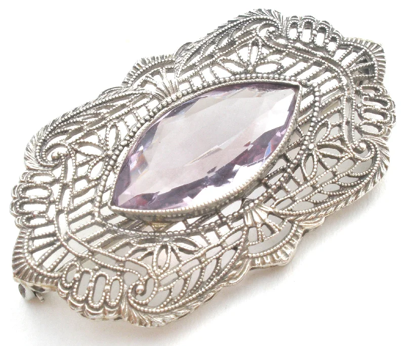 Ladies rustic wood brooches -Antique 10K White Gold Amethyst Brooch Pin