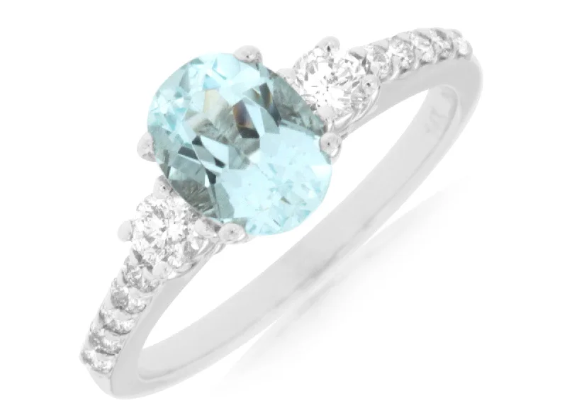 Ladies Rings with Spiral Shine-14K White Gold Oval Blue Aquamarine and Diamond Ring