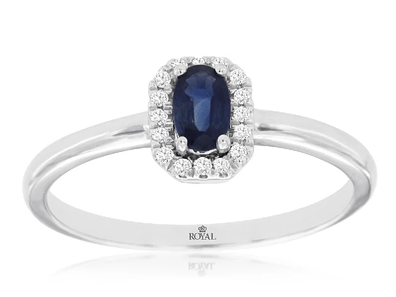 Ladies Rings with Blue Chalcanthite-14K White Gold Oval Sapphire with Round Diamond Halo Ring