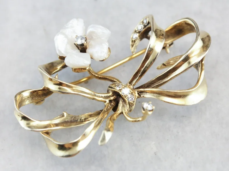 Ladies woodland hue brooches -Retro Floral Diamond and Pearl Bow Brooch