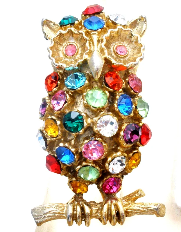 Ladies sparkling diamond brooches -Multi Color Rhinestone Owl Brooch Pin Vintage