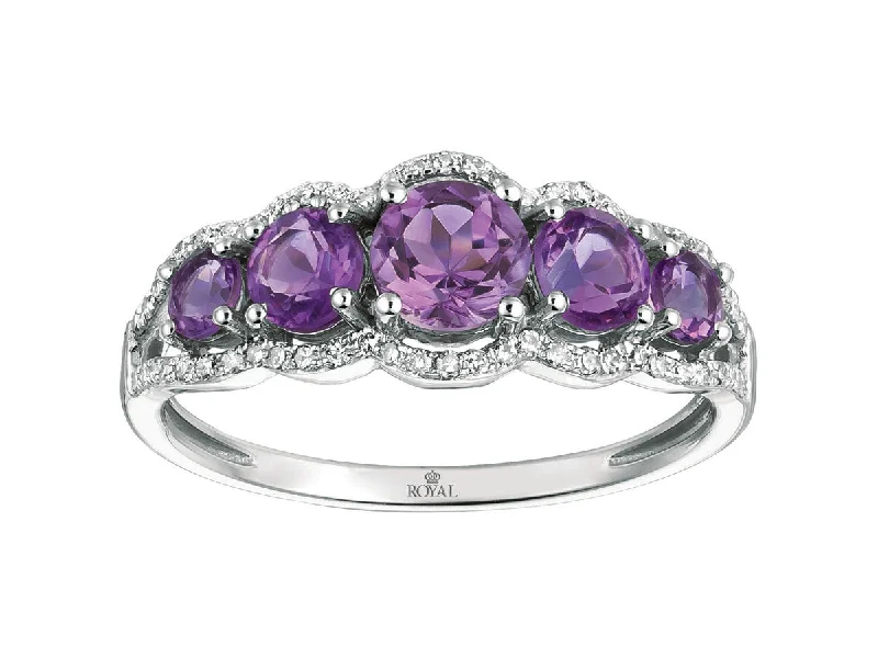 Ladies Rings with Pink Rhodonite-14k White Gold Round Cut 5-Stone Amethyst and Diamond Ring WC6235A-AM