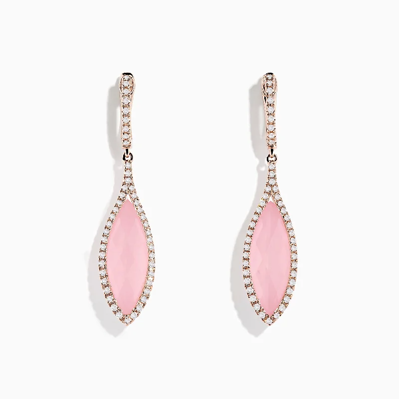 Ladies Earrings with Flame Glow-14K Rose Gold Rose Quartz and Diamond Earrings