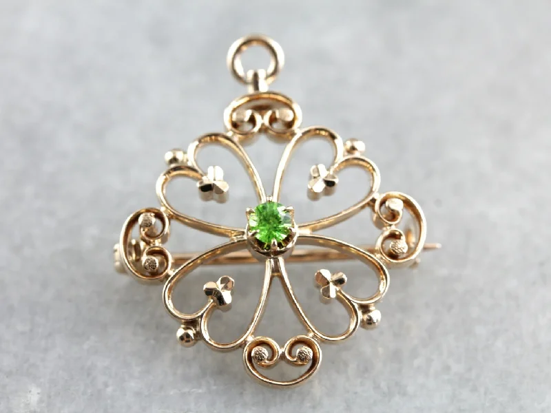 Ladies effortless daily brooches -Vintage Demantoid Garnet Ornate Gold Brooch or Pendant