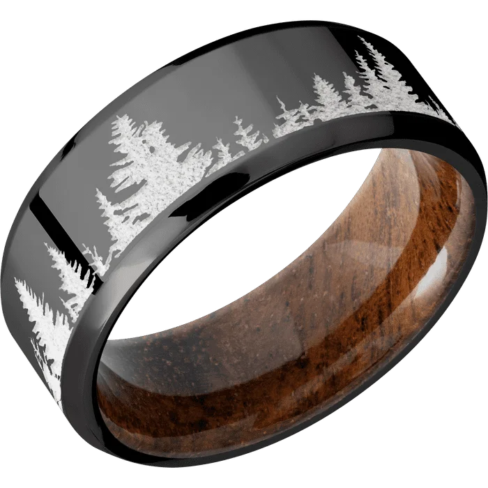 Ladies Rings with Crescent Shine-8mm wide Beveled Black Zirconium Ring with Polish Finish / Trees Design and Snow White Cerakote Accents / Koa Sleeve