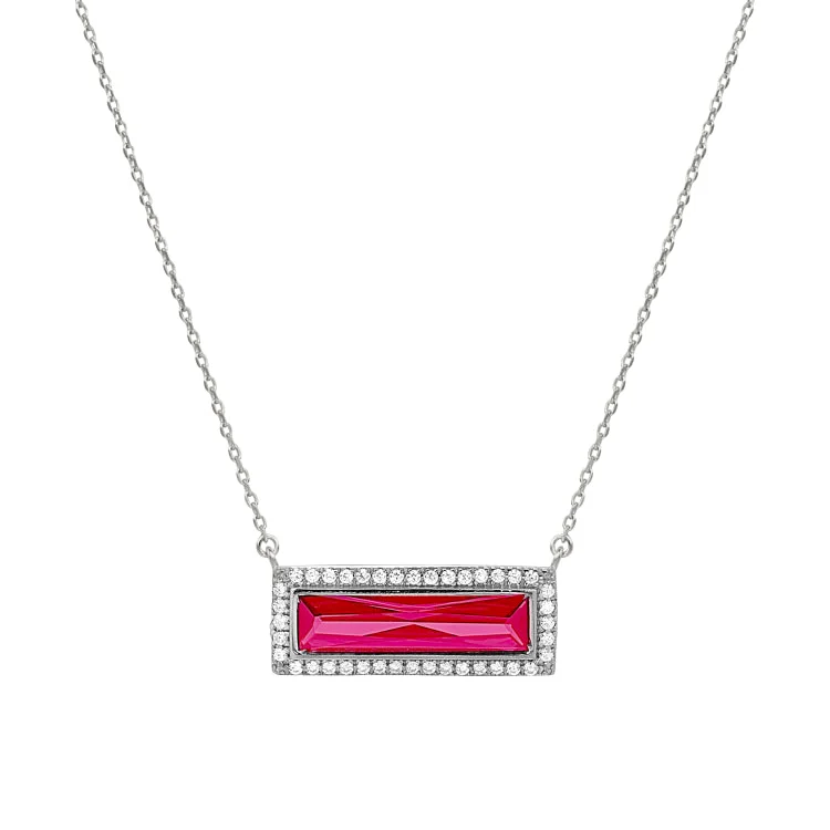 Ladies rare find necklaces -Rhodium Finish Sterling Silver Necklace with Rectangular Simulated Ruby Stone and Simulated Diamonds on 16" - 18" Chain