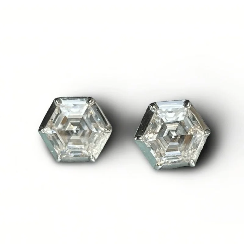 Ladies Earrings with Crystal Glow-18K Georgian Victorian Moissanite Hexagon Stud Earrings