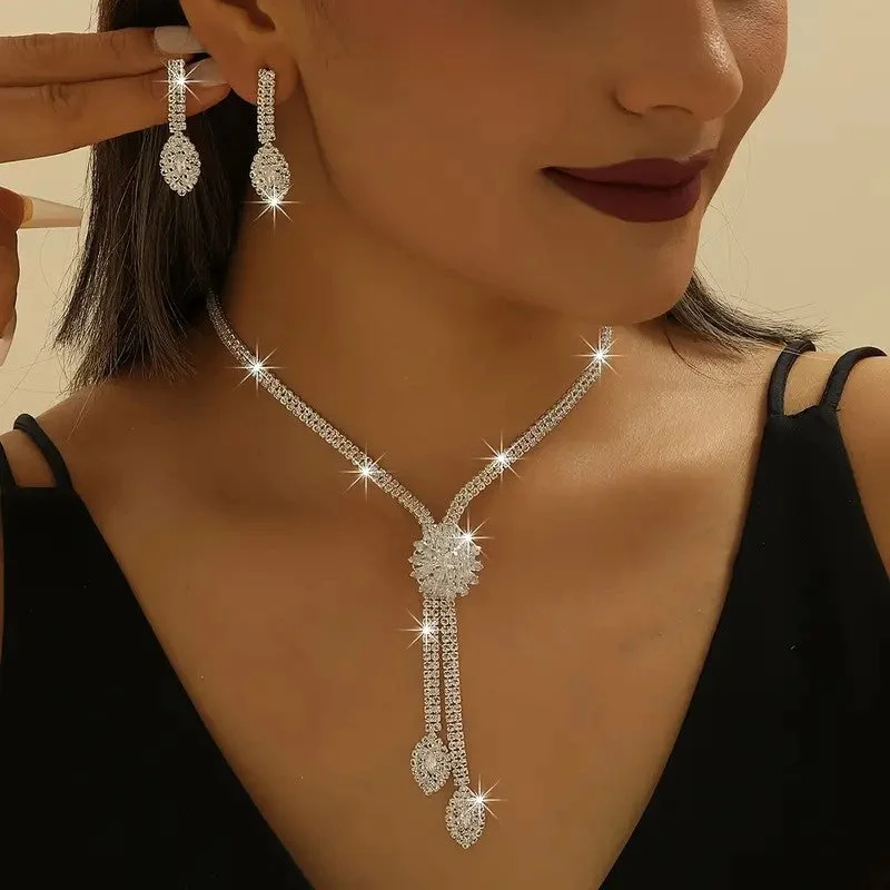 Ladies Earrings Thick Glow-3pcs SILVER Jewelry Set l Rhinestone Earrings l Necklace l Bracelet l Prom l Wedding  JS-919