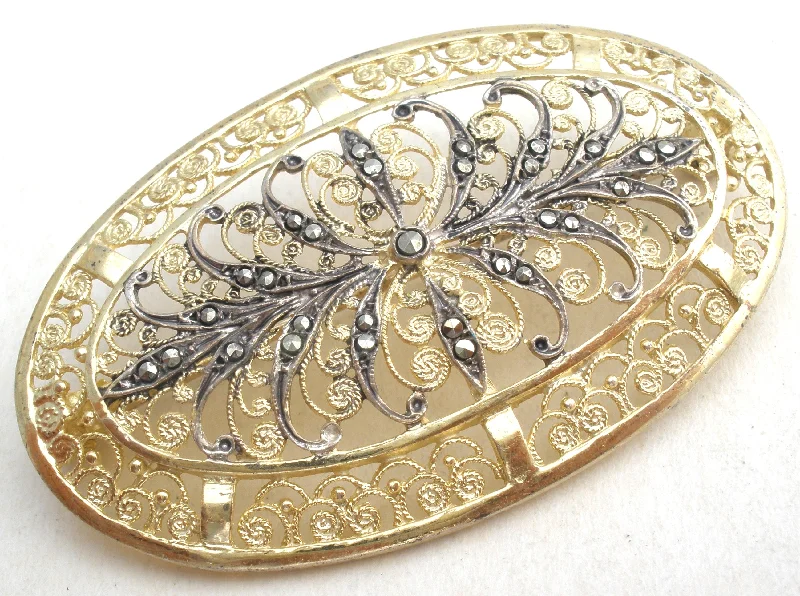 Ladies ornate floral brooches -Alice Caviness Marcasite Vermeil 925 Brooch Pin Vintage