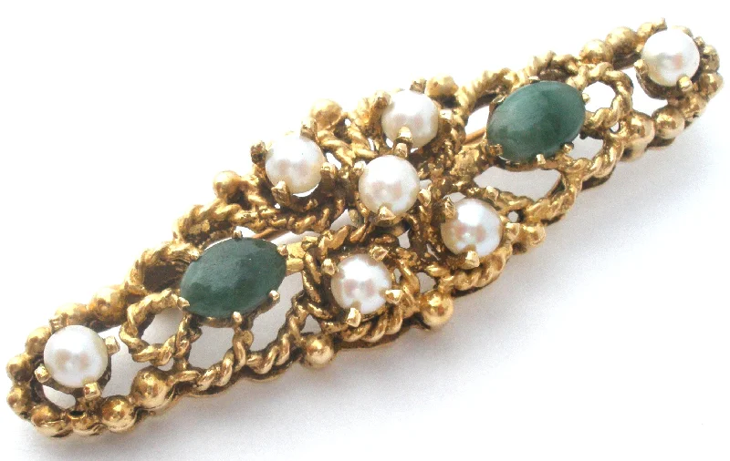 Ladies harmonious flair brooches -14K Gold Pearl & Jade Bar Pin Brooch