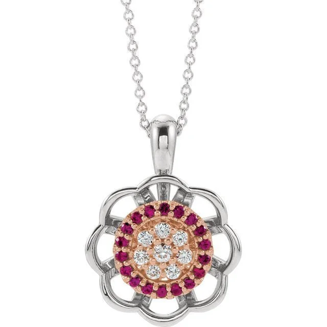 Ladies vintage grace necklaces -14KT GOLD RUBY & DIAMOND FLOWER HALO NECKLACE