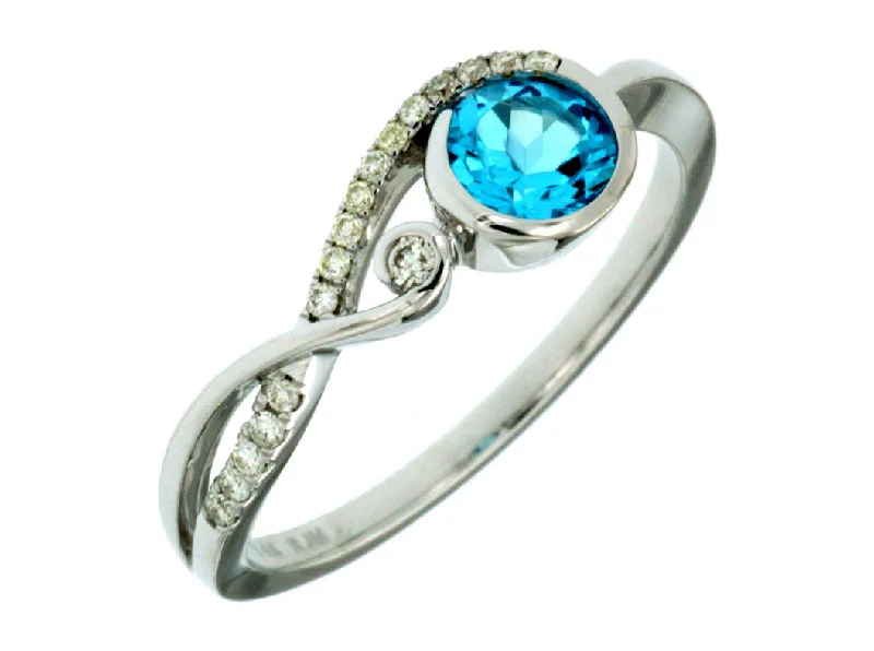 Ladies Rings with Wave Glow-14k White Gold Round Blue Topaz  and Diamond Ring WC6751B-BT