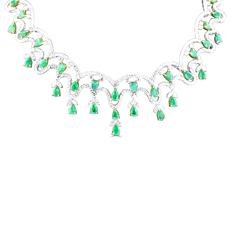 Ladies intricate layered necklaces -JULEVE 18KT WHITE GOLD 12.13 CTW EMERALD & 12.55 CTW DIAMOND NECKLACE