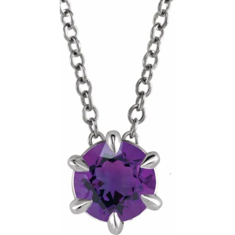 Ladies halo charm necklaces -Platinum 6 mm Natural Amethyst Solitaire 16-18" Necklace