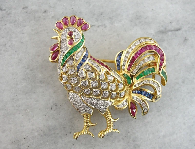 Ladies serene glow brooches -The Golden Rooster, Beautiful Ruby Diamond, Emerald and Sapphire Brooch with Handsome Chicken