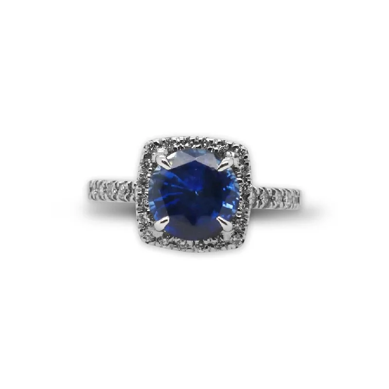 Ladies Rings with White Leucite-14k White Gold Diamond & Blue Sapphire Ring