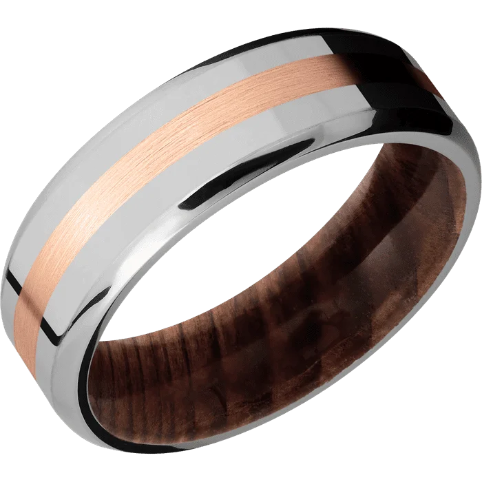 Ladies Rings with Oval Spark-7mm wide Beveled Titanium Ring with Polish Finish / One 2mm Centered 14k Rose Gold Inlay with Satin Finish / Sequoia Sleeve