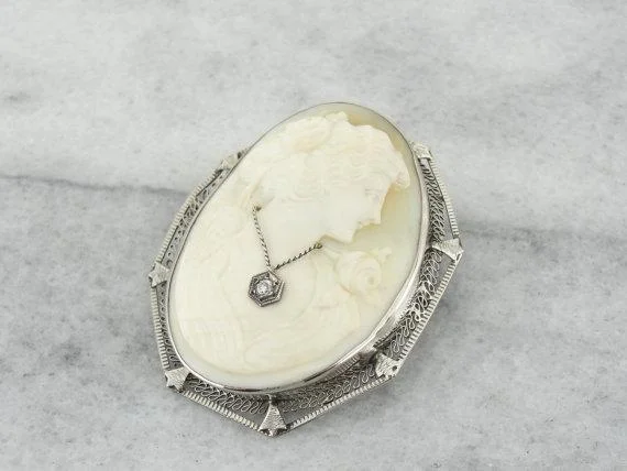 Ladies textured leather brooches -Art Deco Cameo Habille White Gold Brooch