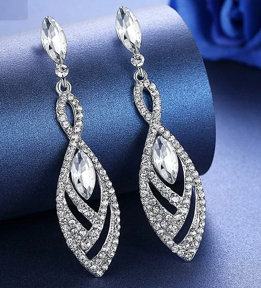 Ladies Earrings with Spiral Shine-MEC-011 Crystal Pearls Long Drop Earrings Bridal Wedding Jewelry