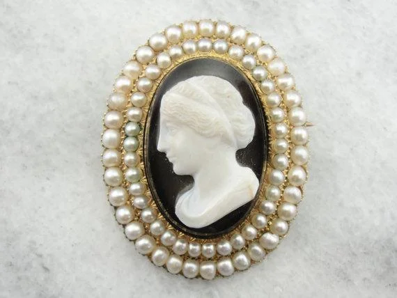 Ladies delicate floral brooches -Victorian Mourning Cameo Seed Pearl Brooch