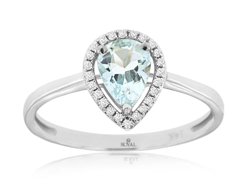 Ladies Rings Dark Shine-14K White Gold Pear Shape Aquamarine Diamond Halo Ring