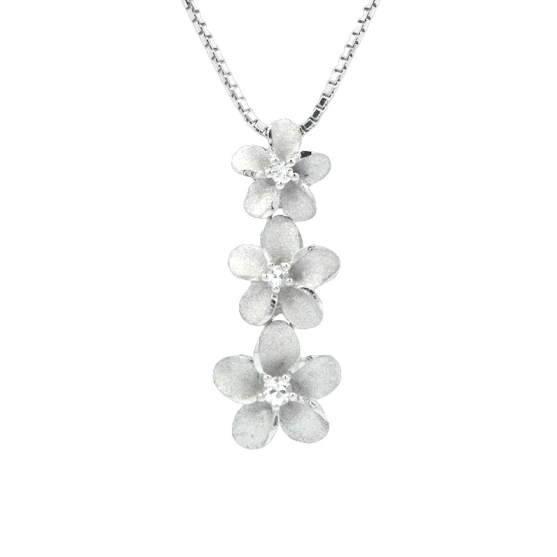 Ladies sparkling diamond necklaces -Three Plumeria Necklace in Precious Silver