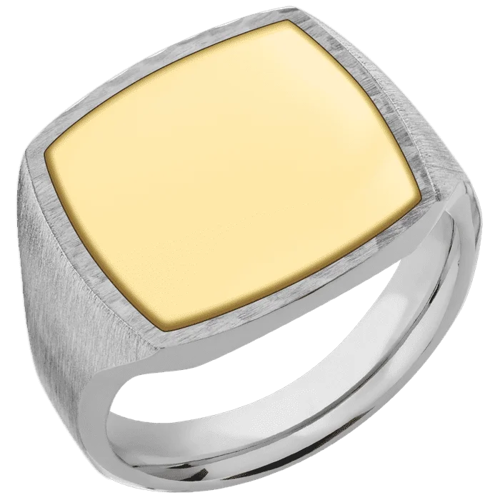 Ladies Rings for Bridal Glow-Cushion Titanium Signet Ring / Satin Ring Finish and Hammer Signet Finish / 14k Yellow Gold Inlay with Polish Finish / Size 13