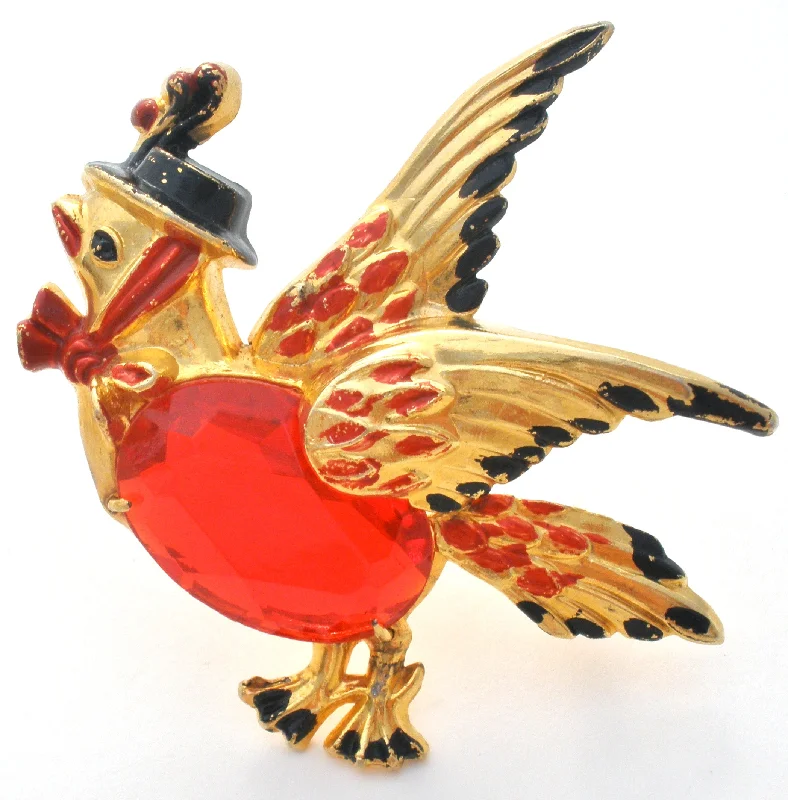 Ladies Mother’s joy brooches -Red Jelly Belly Bird With Hat Brooch Pin Vintage