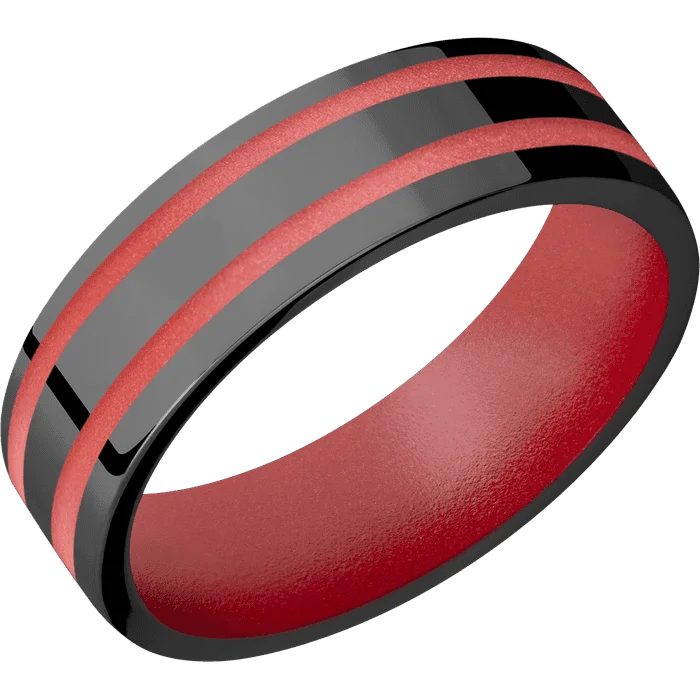 Ladies Rings with Cloud Shine-7mm wide Flat Black Zirconium Ring with Polish Finish / Two 1mm Centered Habanero Cerakote Inlay / Habanero Cerakote Sleeve