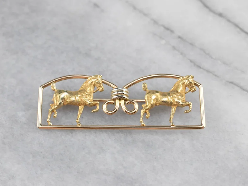 Ladies tender heart brooches -Two Tone Gold Double Horse Brooch