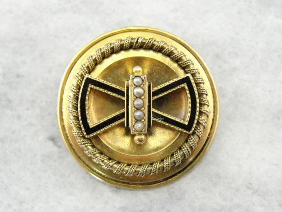 Ladies fine accent brooches -Victorian Seed Pearl Enamel Gold Brooch