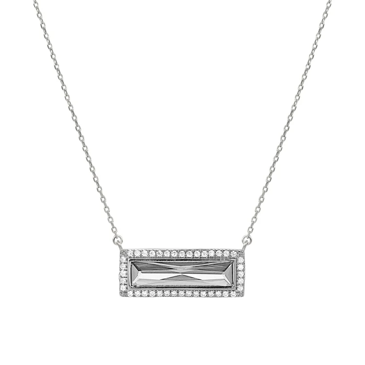 Ladies initial glow necklaces -Rhodium Finish Sterling Silver Necklace with Rectangular Simulated Diamond Stone and Simulated Diamonds on 16" - 18" Chain